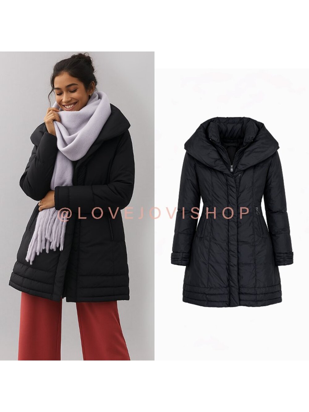 Coat | Tahari Down Puffer Jacket | Winter Black Mid-Length Dramatic Collar | M